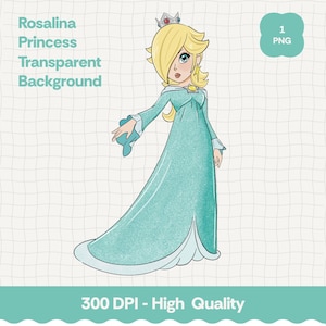 Puede incluir: Ilustración de la Princesa Rosalina con un vestido largo azul claro, una corona plateada y cabello rubio. La imagen incluye el texto "Rosalina Princess Transparent Background" y "300 DPI - High Quality".