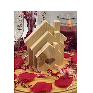Unfinished Valentine&#39;s Day House with Heart joined Craft Solid Wood Cutout, Tiered Tray decor, DIY Wood Shape, DIY Love Couple Decor Blank