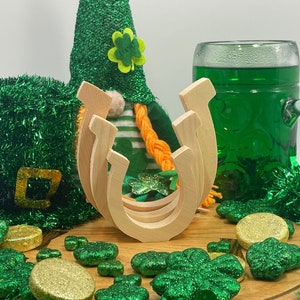 St. Patrick&#39;s Day Lucky Horseshoe Unfinished Craft Solid Wood Cutout, Free Standing ST Pattys Day Tiered Tray decor, DIY Shelf Sitter