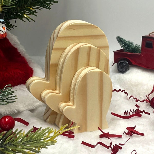 Unfinished Christmas Mitten Craft Solid Wood Cutout, Tiered Tray decor, DIY Craft Wood Shape, DIY Christmas Decor Blank Wood Cutout