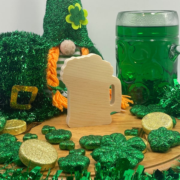 St. Patrick's Day Frosty Beer Mug Unfinished Craft Solid Wood Cutout, Free Standing ST Pattys Day Tiered Tray decor, DIY Shelf Sitter