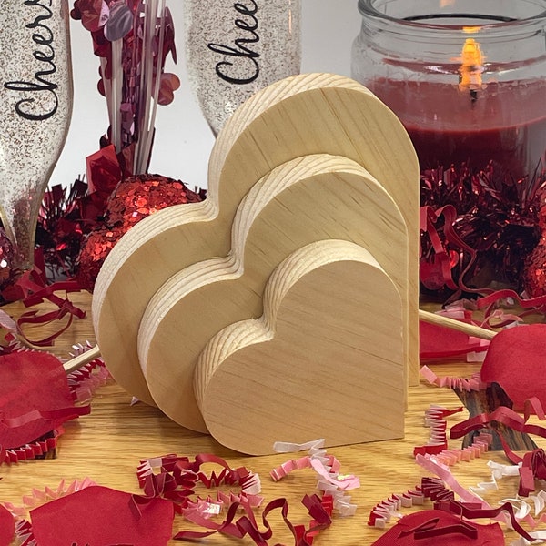 Unfinished Valentine's Day Heart Craft Solid Wood Hearts Cutouts, Tiered Tray decor, DIY Wood Shape, DIY Love Couple Decor Blank Wood Cutout