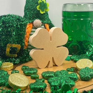 St. Patrick&#39;s Day 4 Leaf Shamrock Clover Unfinished Craft Solid Wood Cutout, Free Standing ST Pattys Day Tiered Tray decor, DIY Shelf Sitter