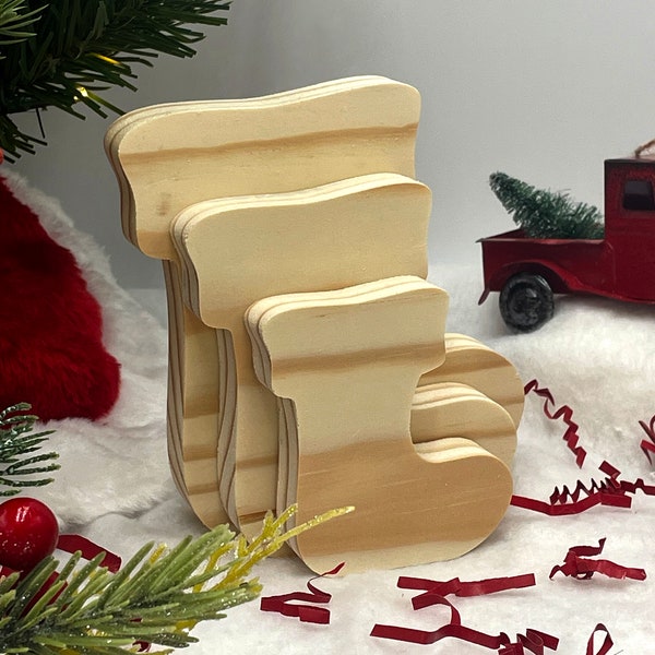 Unfinished Christmas Stocking Craft Solid Wood Cutout, Tiered Tray decor, DIY Craft Wood Shape, DIY Christmas Decor Blank Wood Cutout