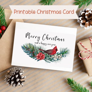 Printable Merry Christmas Card, Digital Download Printable, Cardinal Christmas Card, Digital Christmas card