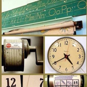 Reloj y sacapuntas de artículos escolares de los años 70, póster de 24 x 18 pulgadas, arte mural estadounidense