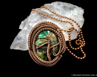 Copper Ore Jasper Pendant, Tree of Life, Wire Wrapped, Copper