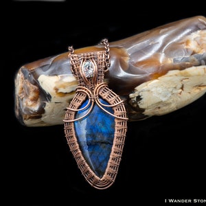 Blue Labradorite and White CZ Copper Wire Wrapped Pendant