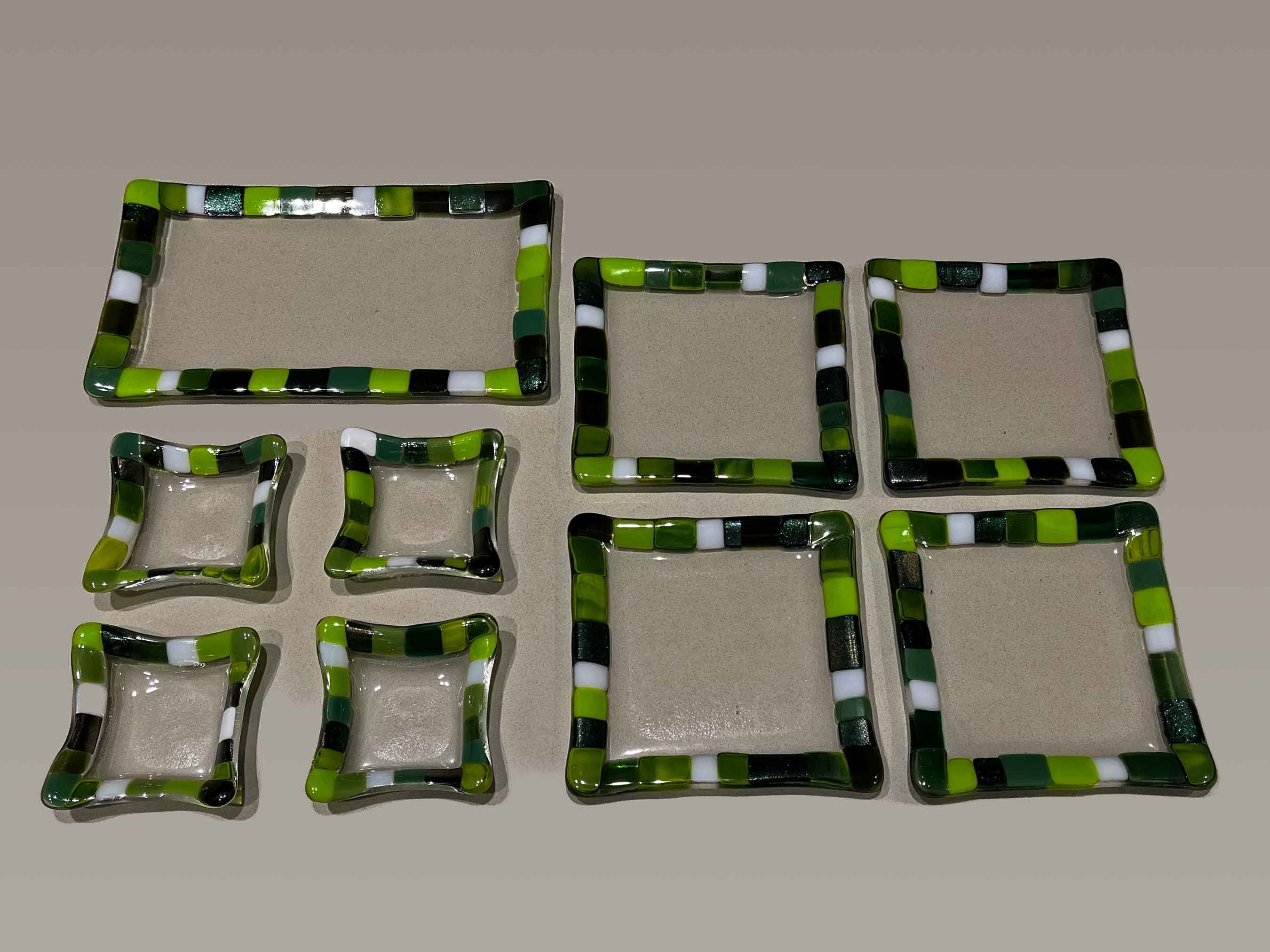 Green Glass Sushi Serving Pieces - Fused Glass Tray, Plates, Dipping Bowls•Classy Party •Condiment Bowls•Olive Oil Dip Dishes•Best Gift Ever