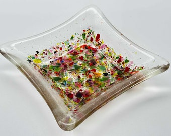 Elegant Fused Glass Bowl • Butter Dish • Candy Platter • Candle Holder • Confetti Fun and Bubbly • 5 inches square • Thick and Strong