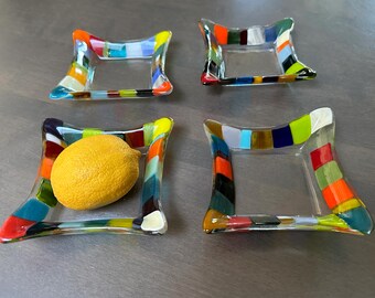 Elegant Fused Rainbow Glass Bowls • Butter Dish • Candy Platter • Candle Holder • Sushi Dish • 4 inches square • Thick and Strong