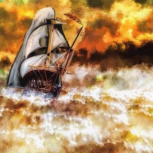 Sunset, fine art, vintage, painting abstract, ship at sea