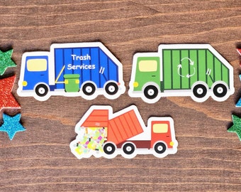 Pack of 3 Vinyl Garbage Truck Die Cut Decal Stickers Gift For Christmas Cute Blue Green Red Vehicle Decor Projects 3x1.5" Sanitation Crew