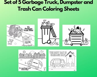 Set of 5 PDF Garbage Trucks, Dumpster and Trash Can Coloring Sheets