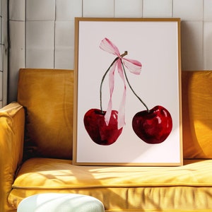 Coquette Cherry Wall Art, Cherry Prints, Trendy Wall Art, Red and Pink Decor, Coquette Prints, Bow Wall Art, Bow Decor