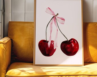 Coquette Cherry Wall Art, Cherry Prints, Trendy Wall Art, Red and Pink Decor, Coquette Prints, Bow Wall Art, Bow Decor