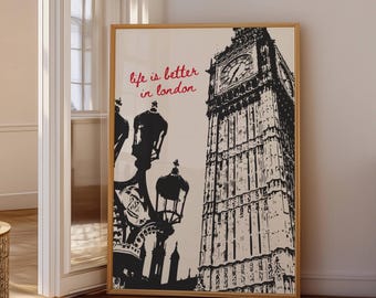 London Art, London Poster, Trendy Wall Art, Cityscape Decor, Retro London Print, Funky Print, London England