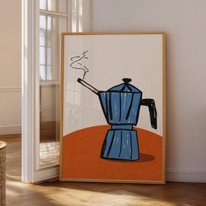May include: A framed art print featuring a blue coffee pot with a cigarette in its spout, emitting smoke. The illustration is set against a cream background with an orange semi-circle, creating a minimalist aesthetic.