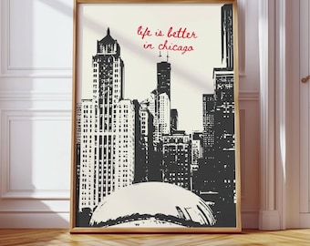 Chicago Art, Chicago poster, trendy muurkunst, decor stadsgezicht, retro Chicago print, funky print, Chicago Illinois