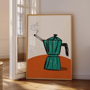 Puede incluir: Impresión artística enmarcada que presenta una cafetera italiana verde turquesa con un cigarrillo en su boquilla, emitiendo humo. La ilustración se encuentra sobre un fondo crema con una base naranja, creando un diseño gráfico audaz.
