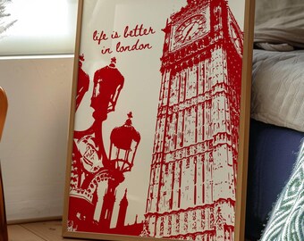 London Wall Art, London Poster, Trendy Wall Art, Cityscape Decor, Retro London Print, Funky Print, London England