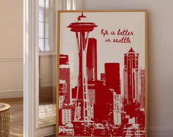 Seattle Art, Seattle Poster, Trendy Wall Art, Cityscape Decor, Retro Seattle Print, Funky Print, Seattle Washington