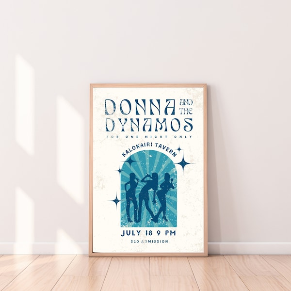 Donna And The Dynamos Poster, Mamma Mia Poster, Blue Wall Art, Digital Download, Printable Poster, Retro Poster, Concert Poster