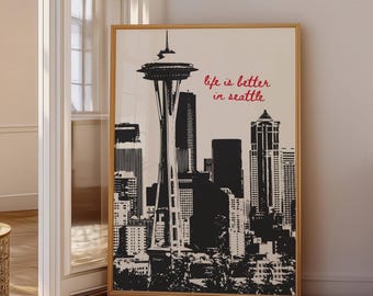 Seattle Art, Seattle Poster, Trendy Wall Art, Cityscape Decor, Retro Seattle Print, Funky Print, Seattle Washington