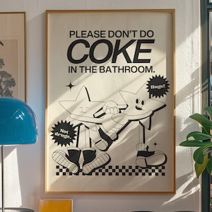 Please Don&#39;t Do Coke in the Bathroom Digital Wall Art, Black Toilet Wall Print, Trendy Bathroom Prints, Funny Bathroom Art