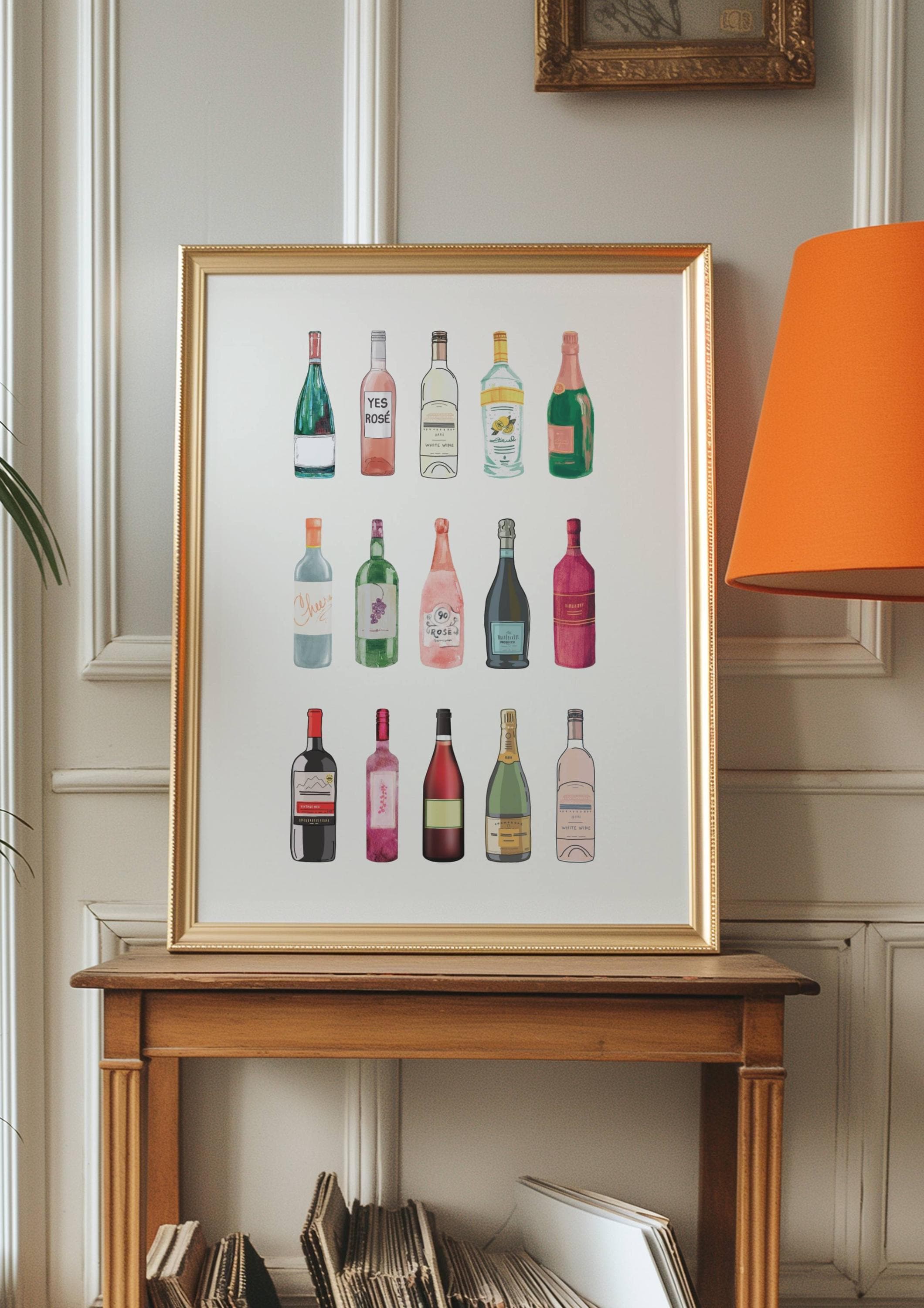 Wine Bottle Wall Art, Trendy Prints, Colorful Wall Decor, Bar Cart ...