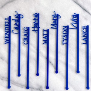 May include: Eight blue acrylic drink stirrers with names written on them: Wendell, Candy, Craig, Harry, Matt, Mary, Tyson, and Lance.