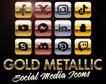 May include: A set of 12 gold metallic social media icons. The icons are arranged in a 3x4 grid and feature popular social media platforms like Facebook, Instagram, Twitter, and YouTube. The icons have a shiny, metallic finish and are perfect for use in website design, social media graphics, or branding.