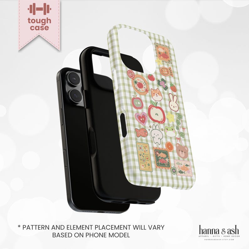 May include: A black phone with a protective case featuring a light green and white gingham pattern. The case is decorated with colorful cartoon illustrations of food and animals. The words "tough case" are in a pink banner.