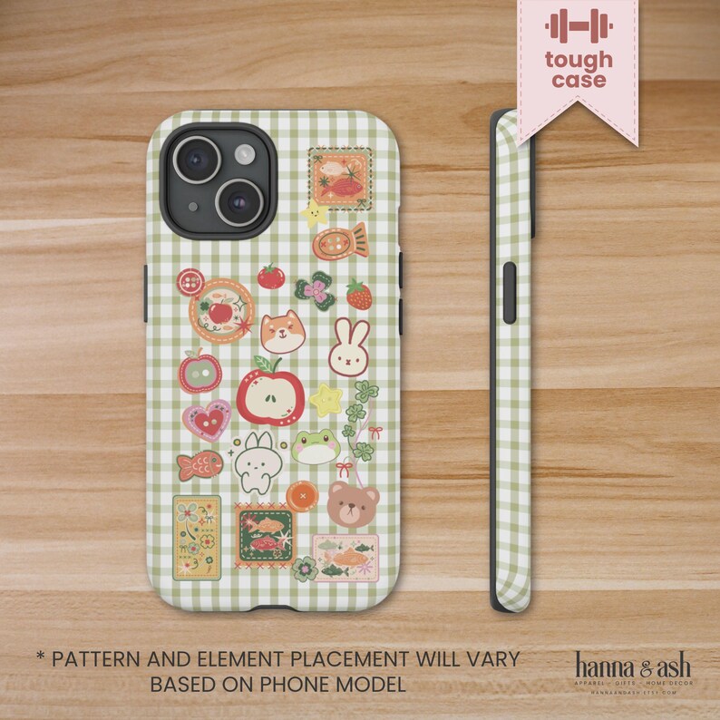 May include: A green and white gingham patterned phone case with various cute illustrations of animals, fruits, and sweets. The case is shown from the front and side, with the text "tough case" and "PATTERN AND ELEMENT PLACEMENT WILL VARY BASED ON PHONE MODEL".