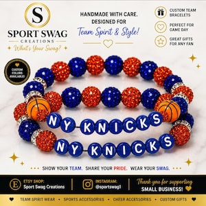 Handmade sparkly bracelet set featuring orange and blue crystal-encrusted beads with mini basketball charms and "NY KNICKS" letter beads, designed for fans of the New York Knicks basketball team perfect for game day, team spirit, and gifting. Custom colors available.