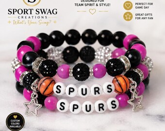 Bransoletka San Antonio Spurs, ręcznie robiona biżuteria NBA, czarno-różowo-pomarańczowy wzór koralikowy