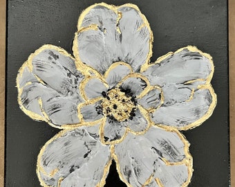 Flower, texture art , acrylic painting , gold leaf , black background , gold
