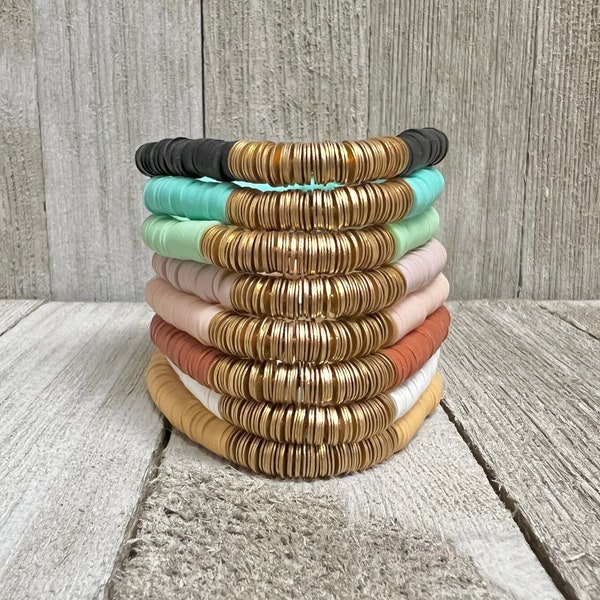 Stack of Heishi bracelets beautiful bracelets gold disk Heishi beads layering bracelets stack bracelets for women boho style jewlery for her