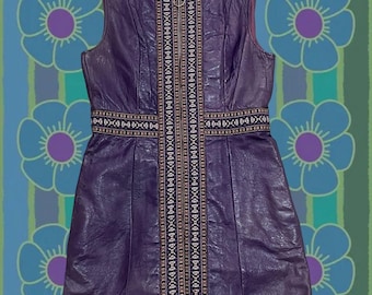 FAIR CONDITION - 60s Purple Leather Embroidered Mini Dress w/ O-Ring Zipper - Size M/L