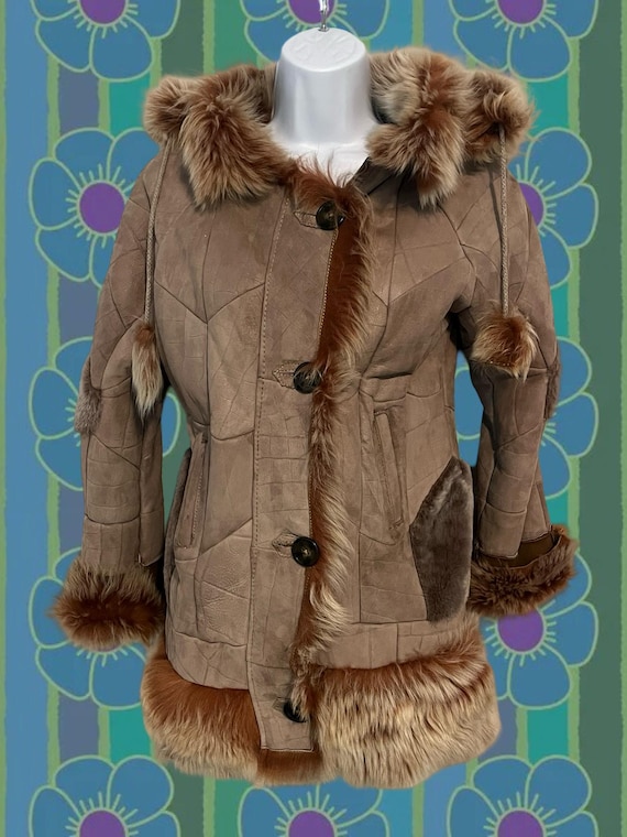 70s Leather Fur Patchwork Button-Up Coat - Junior… - image 1