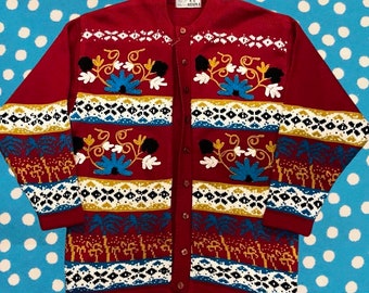 70s Men’s Burgundy and Blue Floral Knit Cardigan - Size M