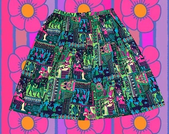 Falda de tela de corteza neón con estampado egipcio casero de los años 60 y 70 - Talla 29" de cintura