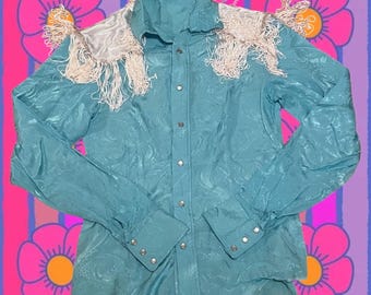 70s/80s Blaue Satin Brokat Western Bluse - Size L