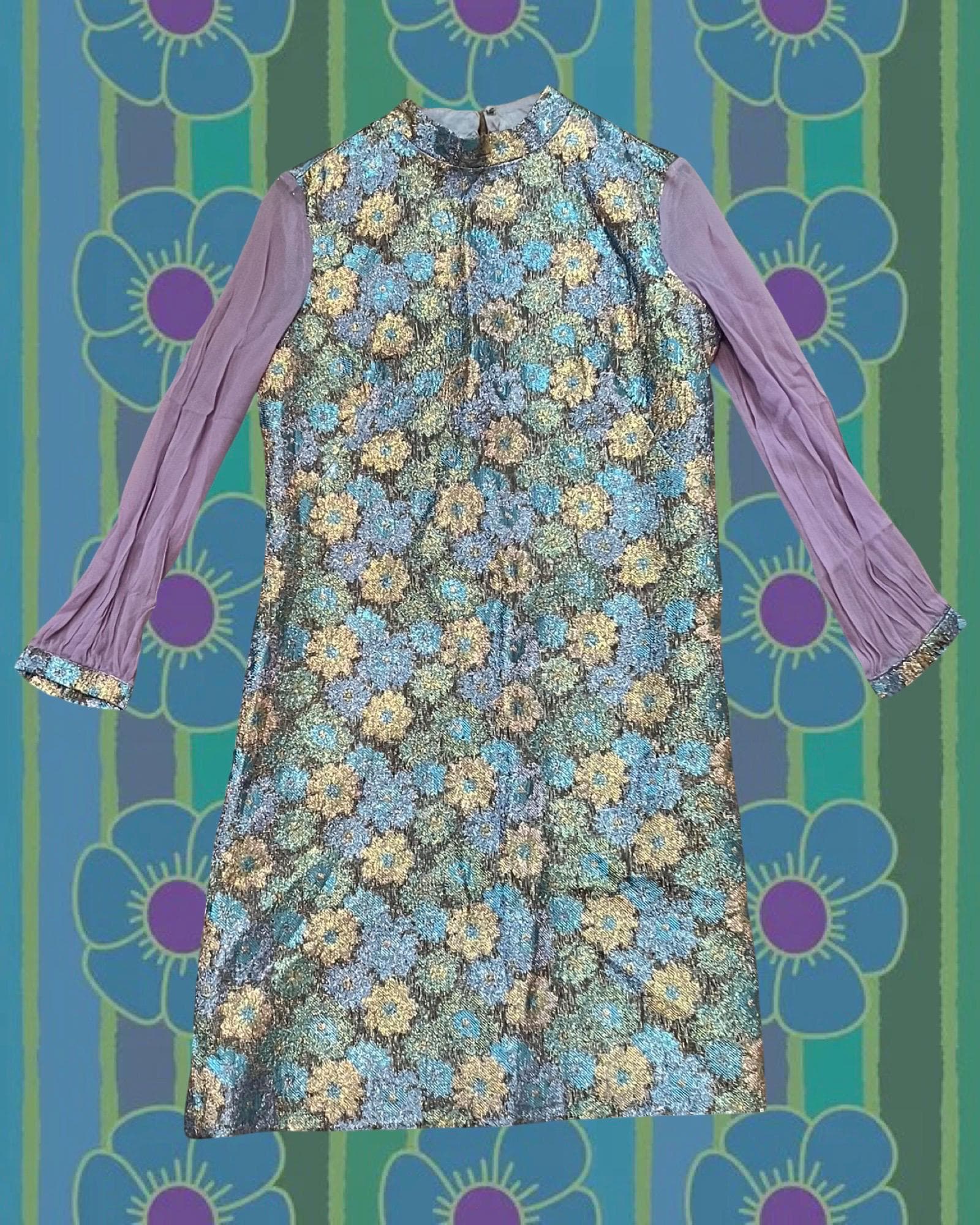 60s “Kay Silver” Metallic Floral Lamé Shift Dress - Size S/M