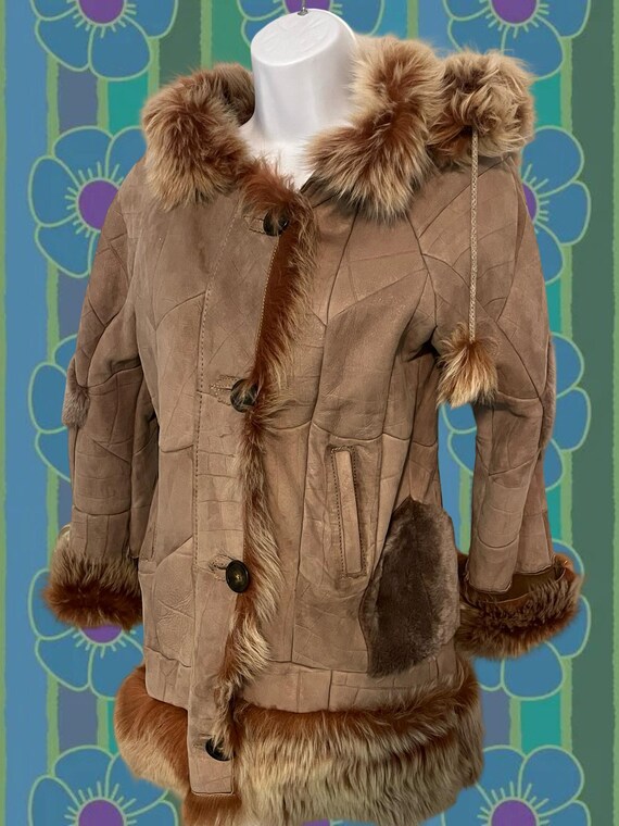 70s Leather Fur Patchwork Button-Up Coat - Junior… - image 3