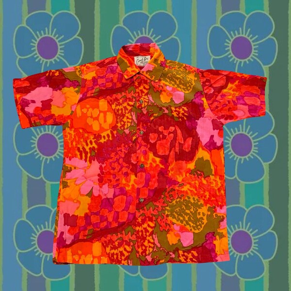 70s MENS “Casual Cove” Neon Day-Glo Button-Up - Size S/M