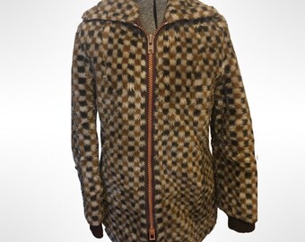 Veste duveteuse à imprimé damier des années 1970 - Poches zippées et poignets élastiques - Taille XXS/XS
