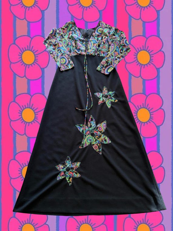 rainbow neon dress 70s Rainbow Neon Paisley Poly Maxi Dress