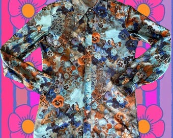 Camisa de poliéster con cuello de daga y estampado floral y de chica victoriana de los años 70 - Talla S/M