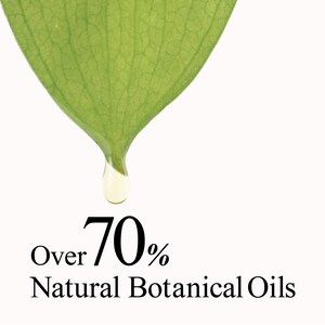 Op de afbeelding: Een levendig groen blad met zichtbare nerven waar een enkele heldere druppel vloeistof vanaf valt. Onder het blad staat de zwarte tekst: Over 70% Natural Botanical Oils. De compositie is geplaatst tegen een effen witte achtergrond.